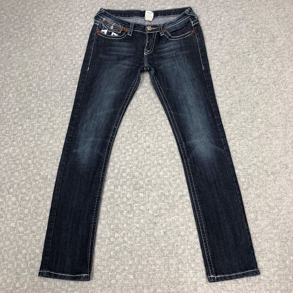 True Religion Joey Super T Straight Jeans Womens 28 Dark Wash Low Rise Stretch